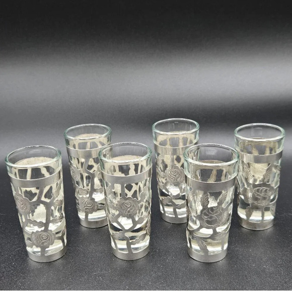 Set of 6 MZ 01 925 silver  overlay roses wrapped long shot glasses - Picture 5 of 7